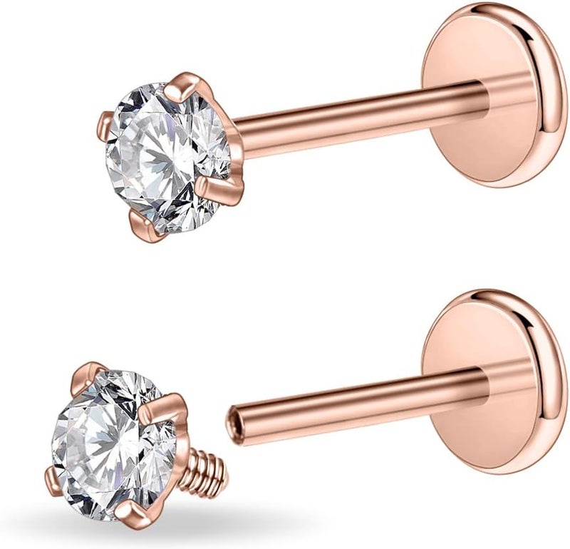 PunkTracker 16g/18g Surgical Steel Internal Thread CZ Stud Piercing Jewelry for Tragus/Nose/Helix/Conch/Medusa/Lip/Labret - Helix Tragus Cartilage Earring for Women Men 2PCS - Image 1